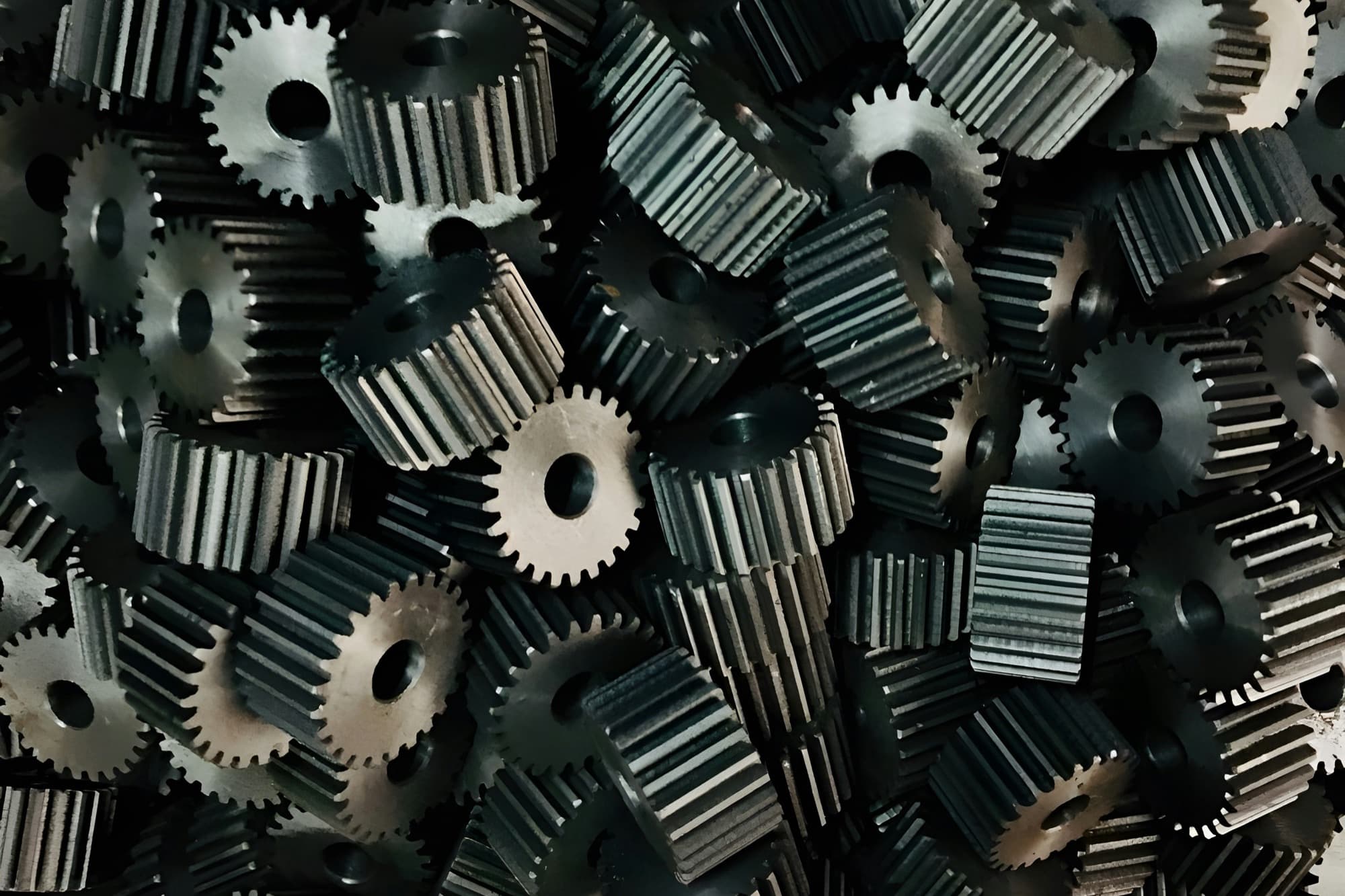 Pile of small steel spur gears with bored hubs, typical of high-volume gear production
